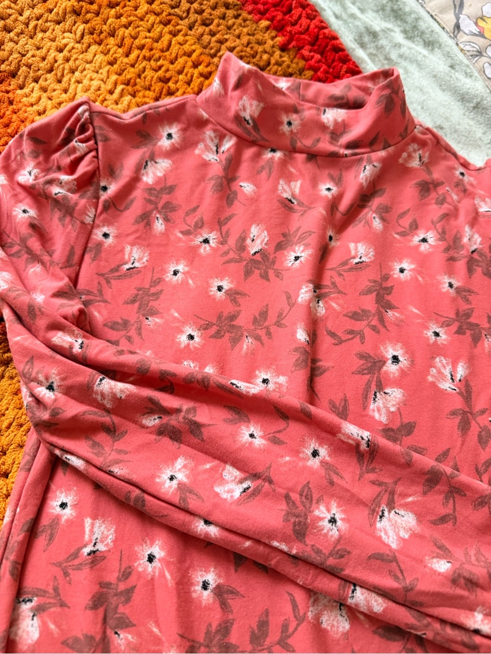 SO Coral Pink Floral Mock Neck Long Sleeve Top